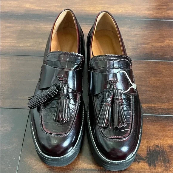 Lorenzo Mari Chunky Platform Tassel Leather Loafers size 40 Burgundy Preppy NWOB - Picture 2 of 10